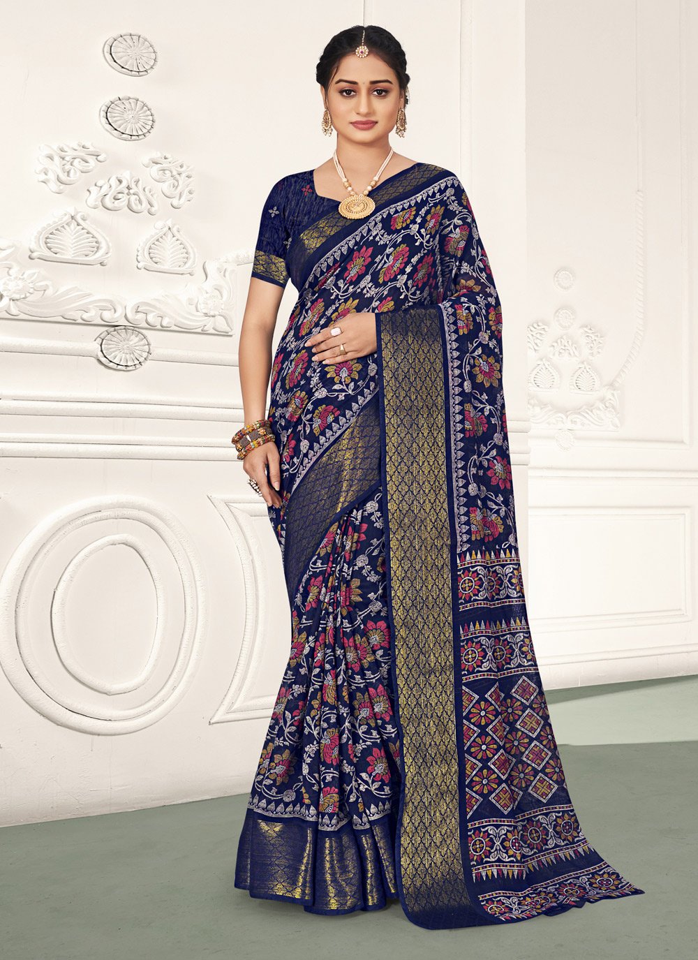 Traditional Saree Cotton Blue Print Saree