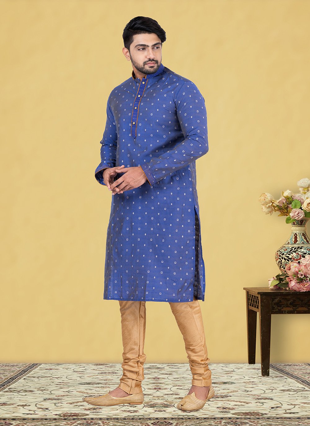 Kurta Pyjama Cotton Blue Fancy Work Mens