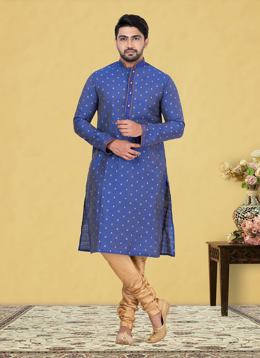 Kurta Pyjama Cotton Blue Fancy Work Mens