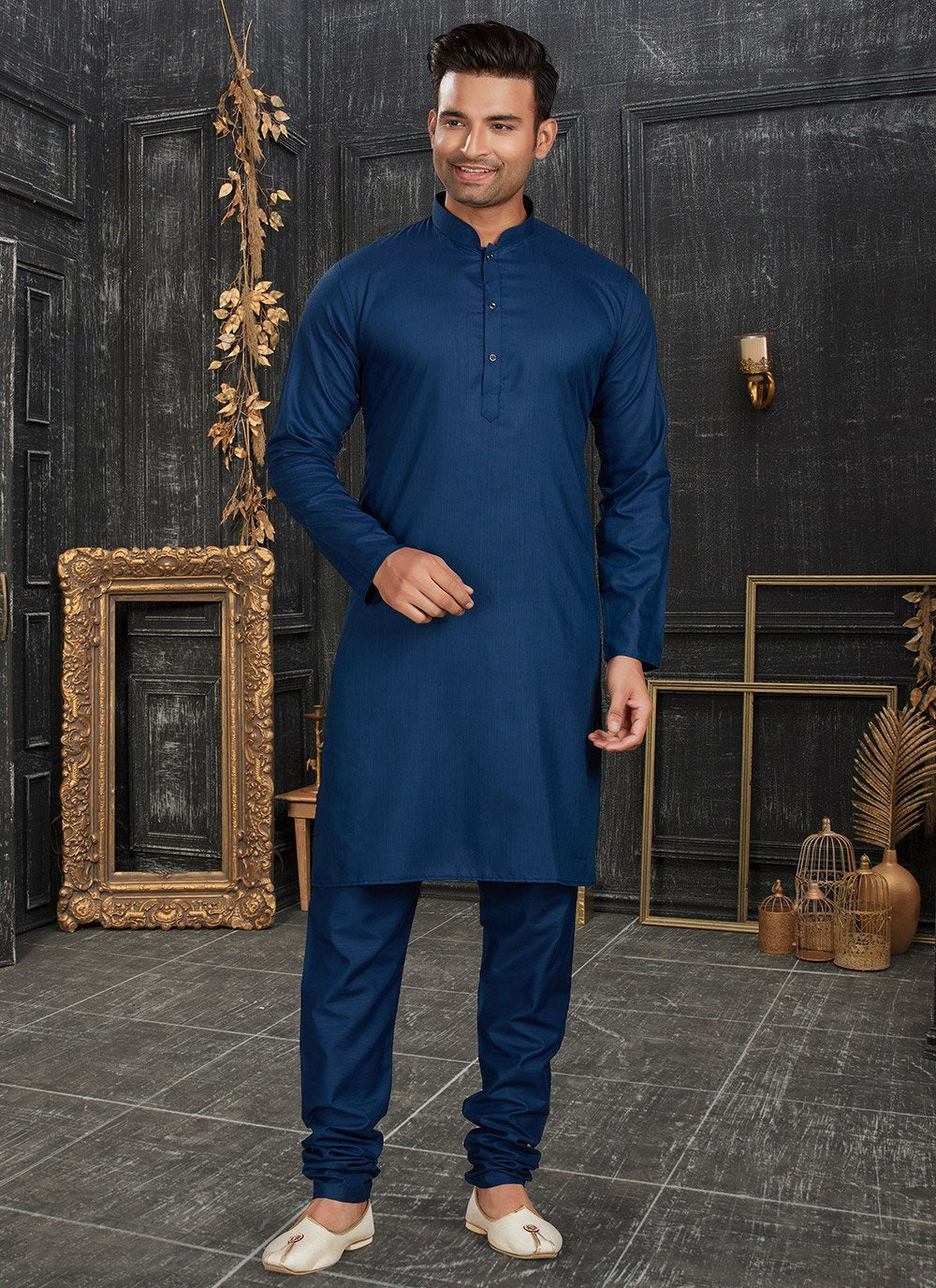 Kurta Pyjama Cotton Blue Plain Mens