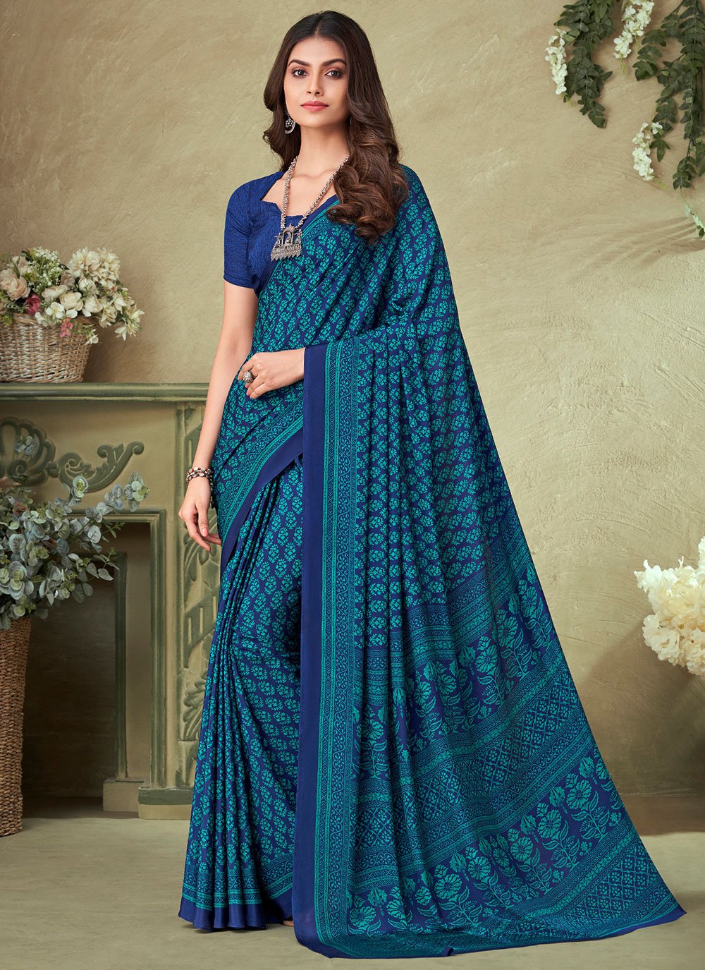 Trendy Saree Crepe Silk Blue Print Saree