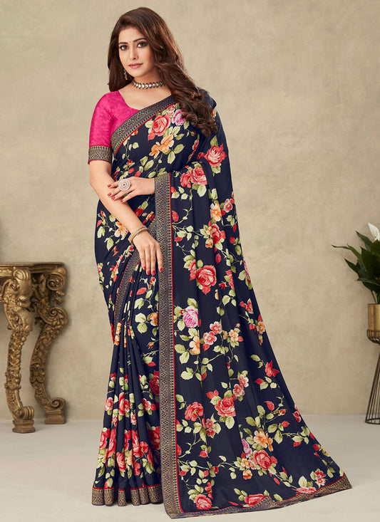 Trendy Saree Crepe Silk Blue Floral Patch Saree