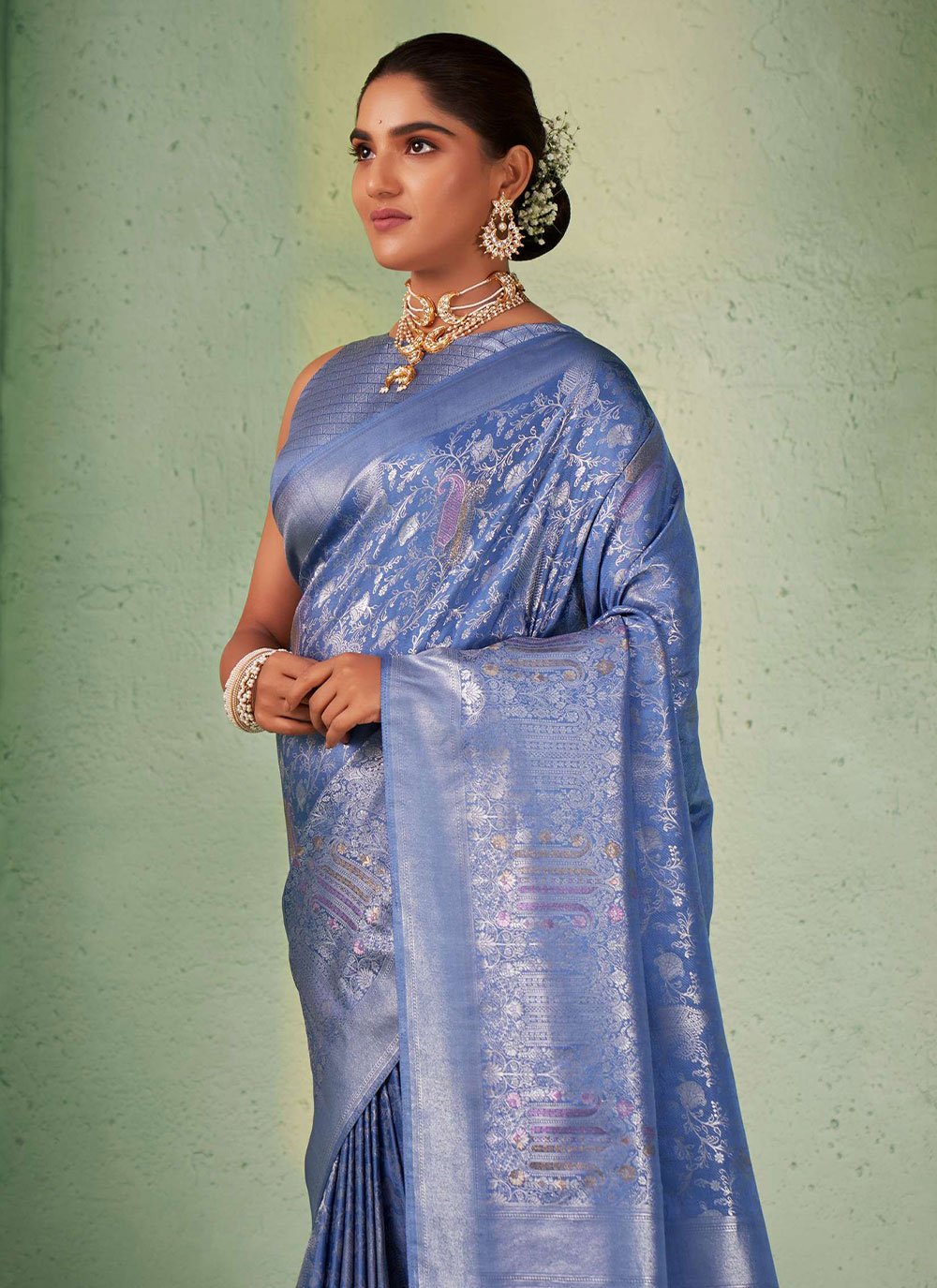 Designer Kanjivaram Silk Blue Weaving Saree