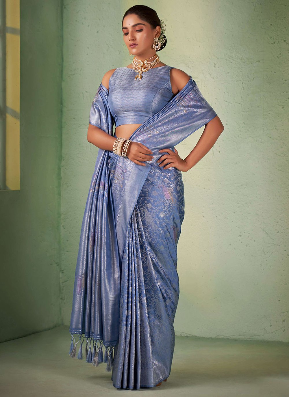 Designer Kanjivaram Silk Blue Weaving Saree