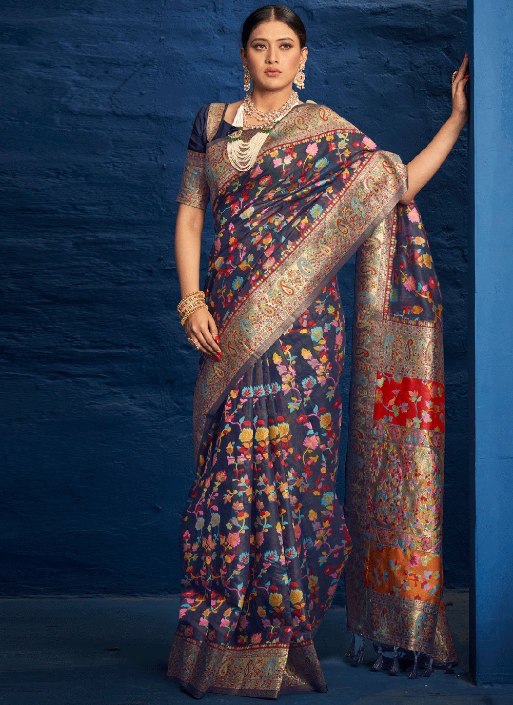 Traditional Saree Silk Blue Kashmiri Saree