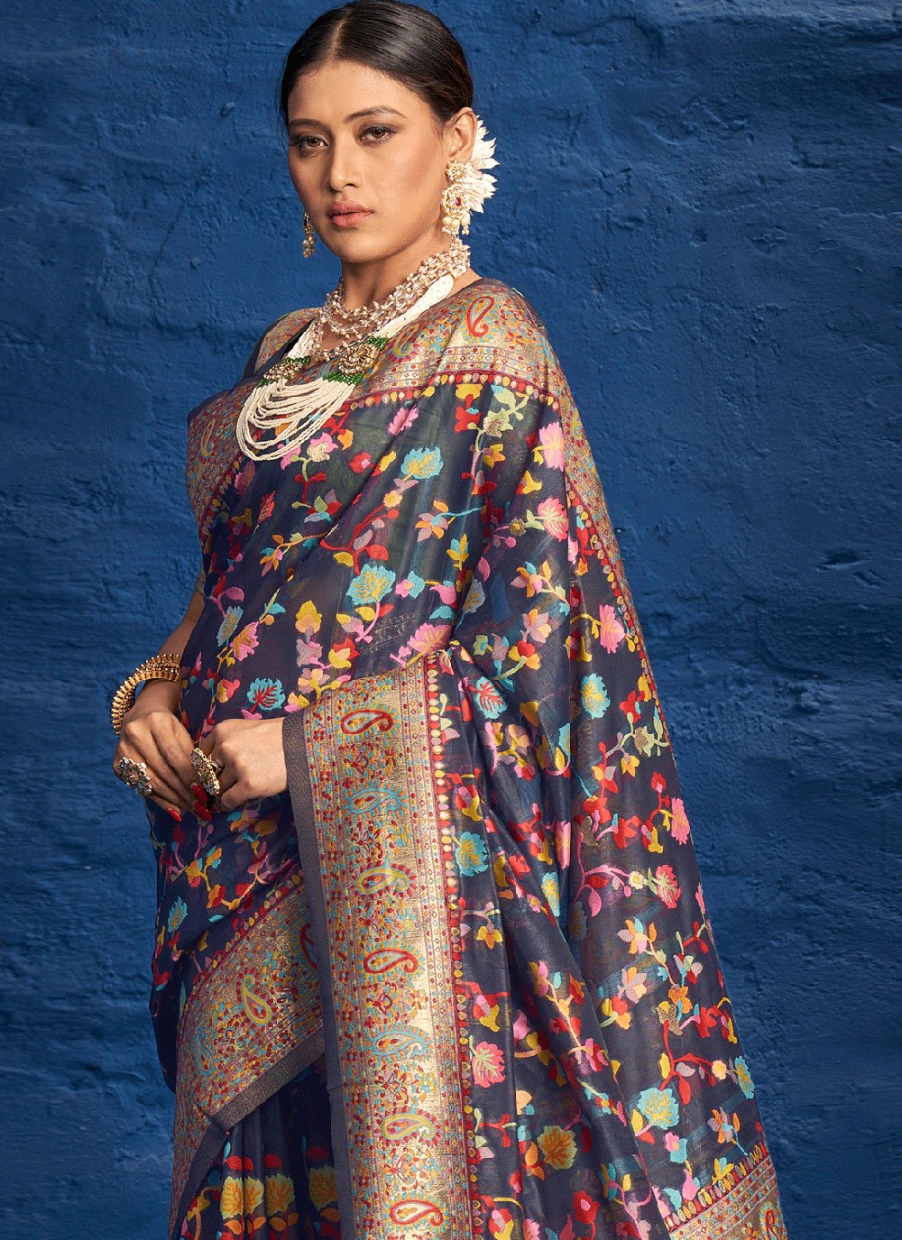 Traditional Saree Silk Blue Kashmiri Saree