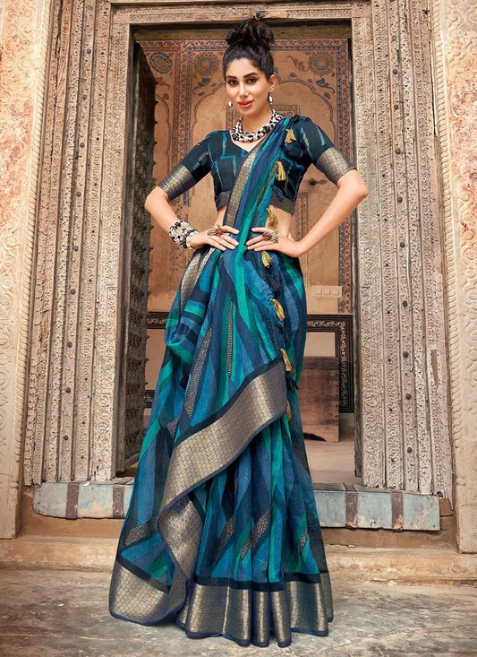 Trendy Saree Cotton Linen Blue Digital Print Saree