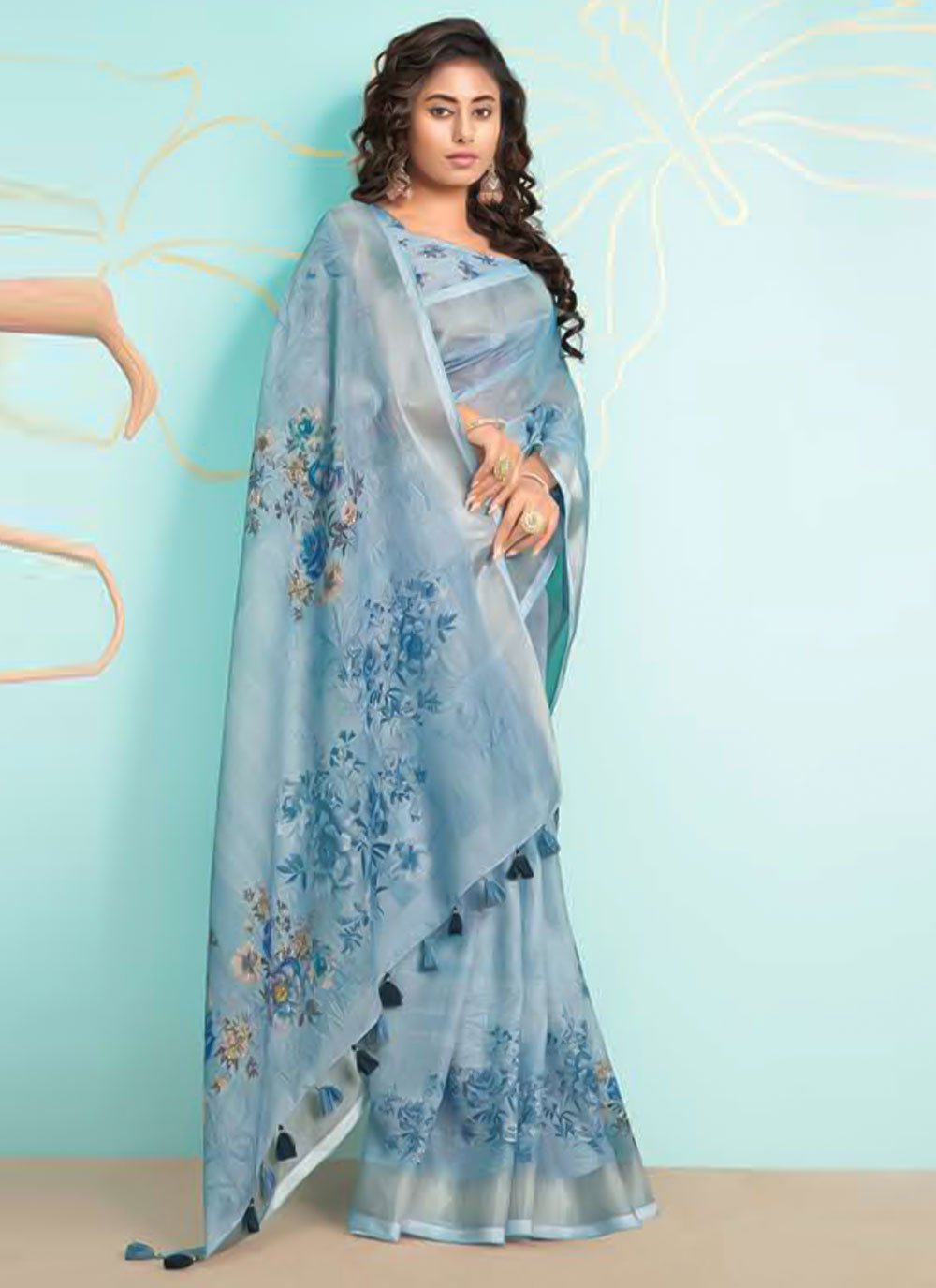 Classic Organza Blue Digital Print Saree