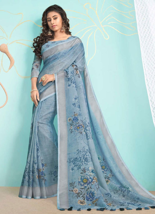 Classic Organza Blue Digital Print Saree