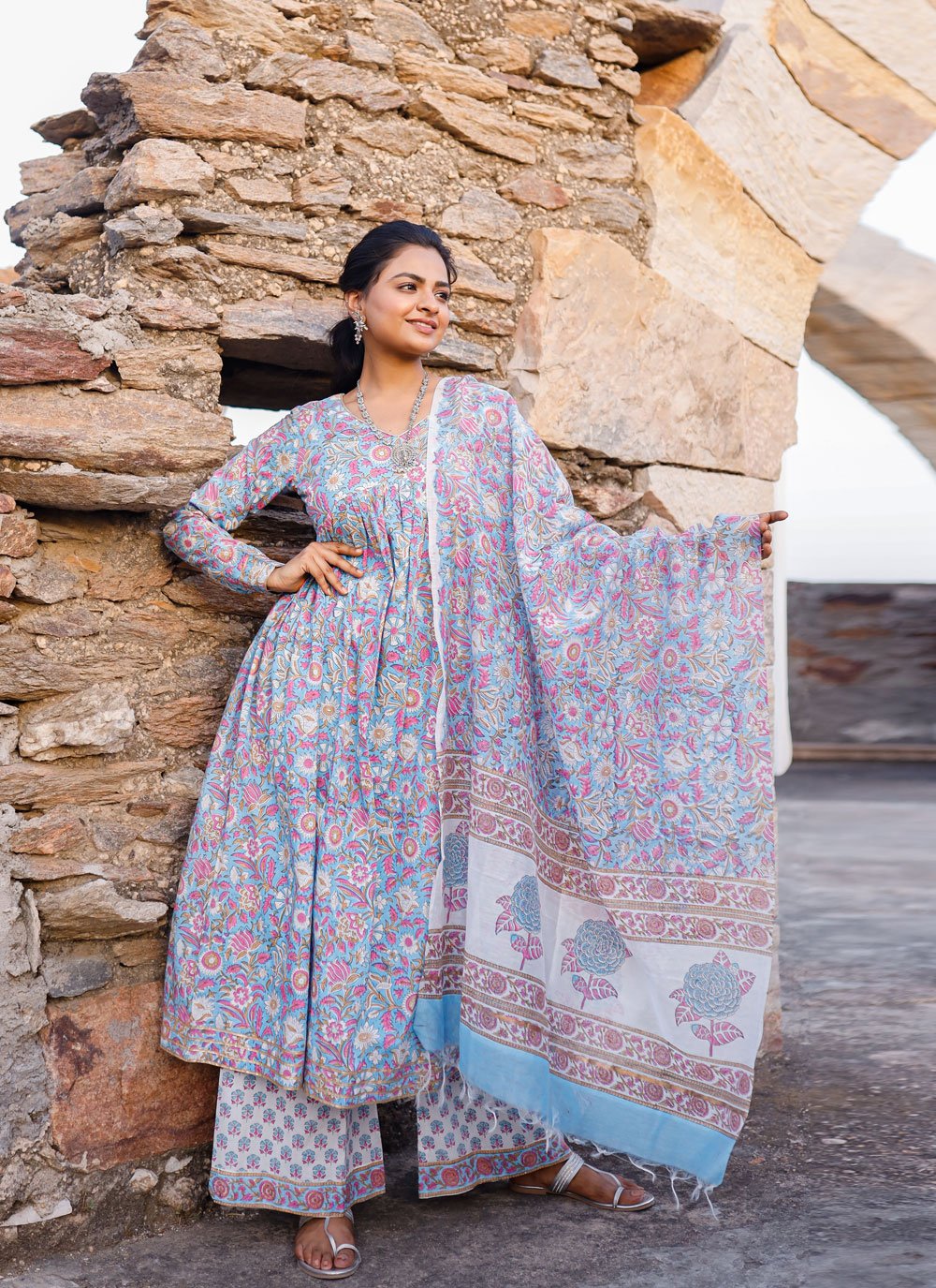 Palazzo Salwar Suit Cotton Blue Digital Print Salwar Kameez