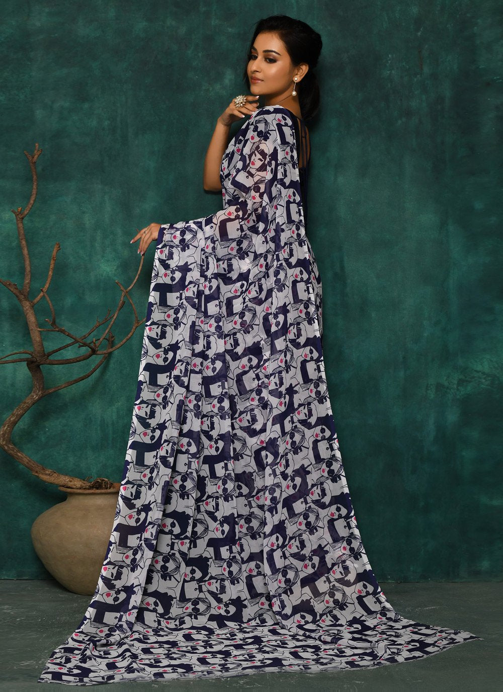 Designer Faux Georgette Blue Digital Print Saree