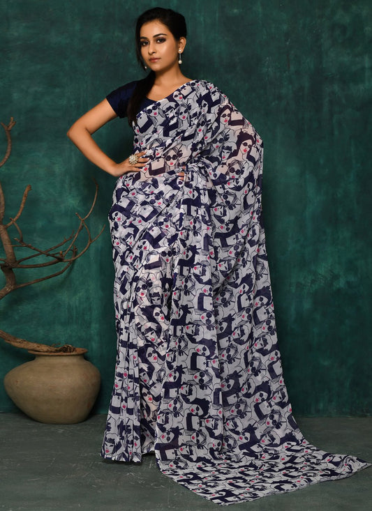 Designer Faux Georgette Blue Digital Print Saree