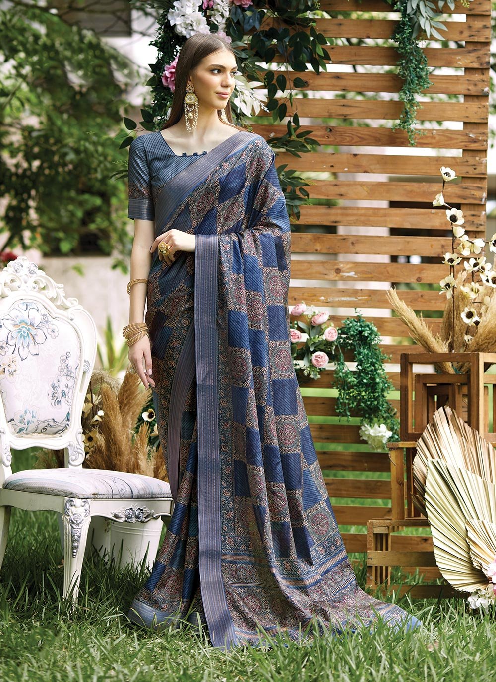 Classic Silk Blue Digital Print Saree