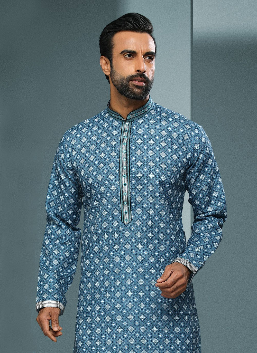 Kurta Pyjama Handloom Cotton Blue Digital Print Mens