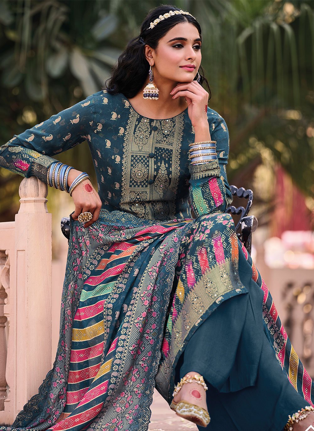 Floor Lenght Salwar Suit Muslin Blue Digital Print Salwar Kameez