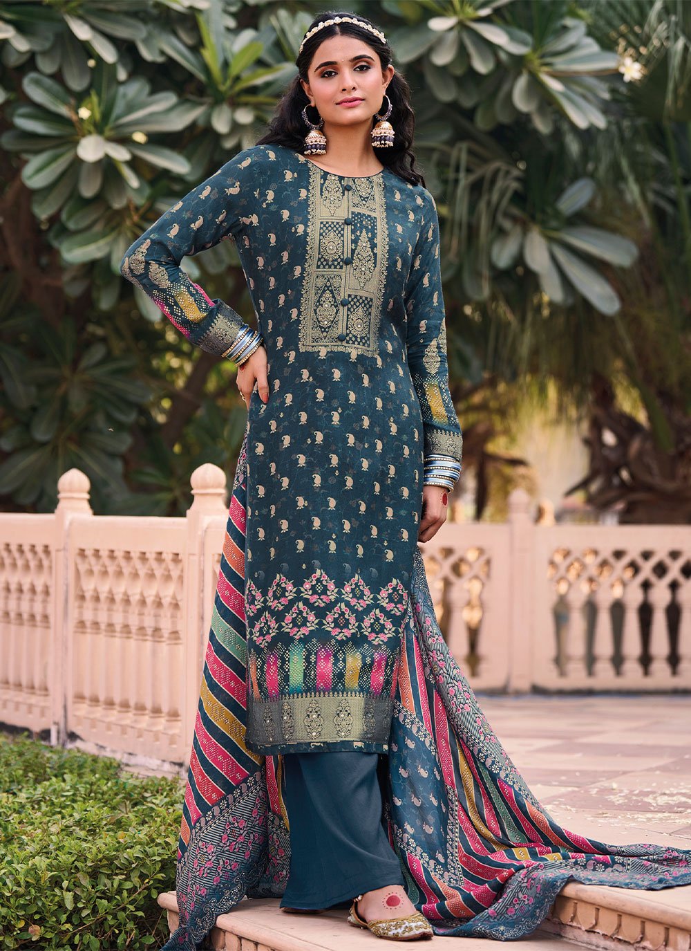 Floor Lenght Salwar Suit Muslin Blue Digital Print Salwar Kameez