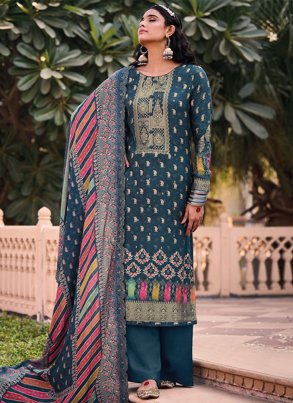 Floor Lenght Salwar Suit Muslin Blue Digital Print Salwar Kameez