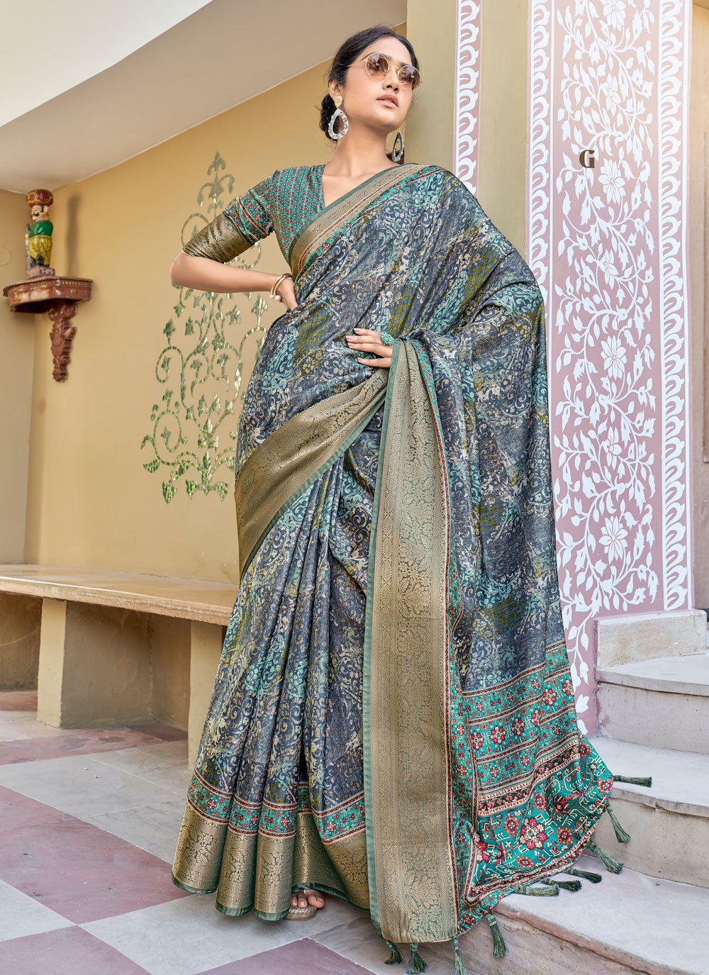 Designer Silk Blue Digital Print Saree