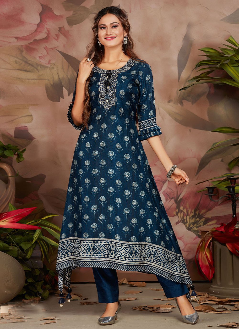 Designer Kurti Silk Blue Digital Print Kurtis