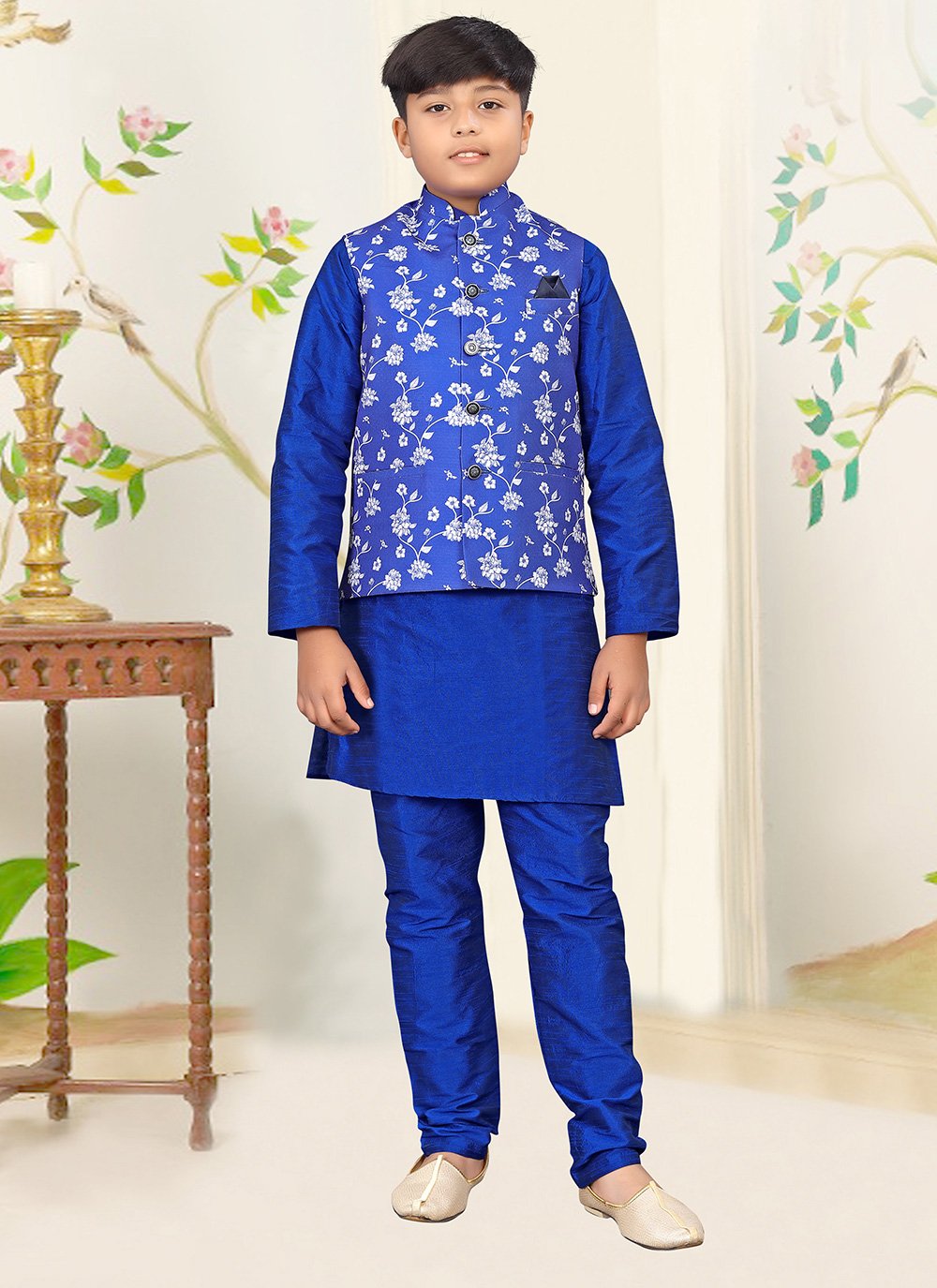 Kurta Payjama With Jacket Jute Silk Blue Digital Print Kids