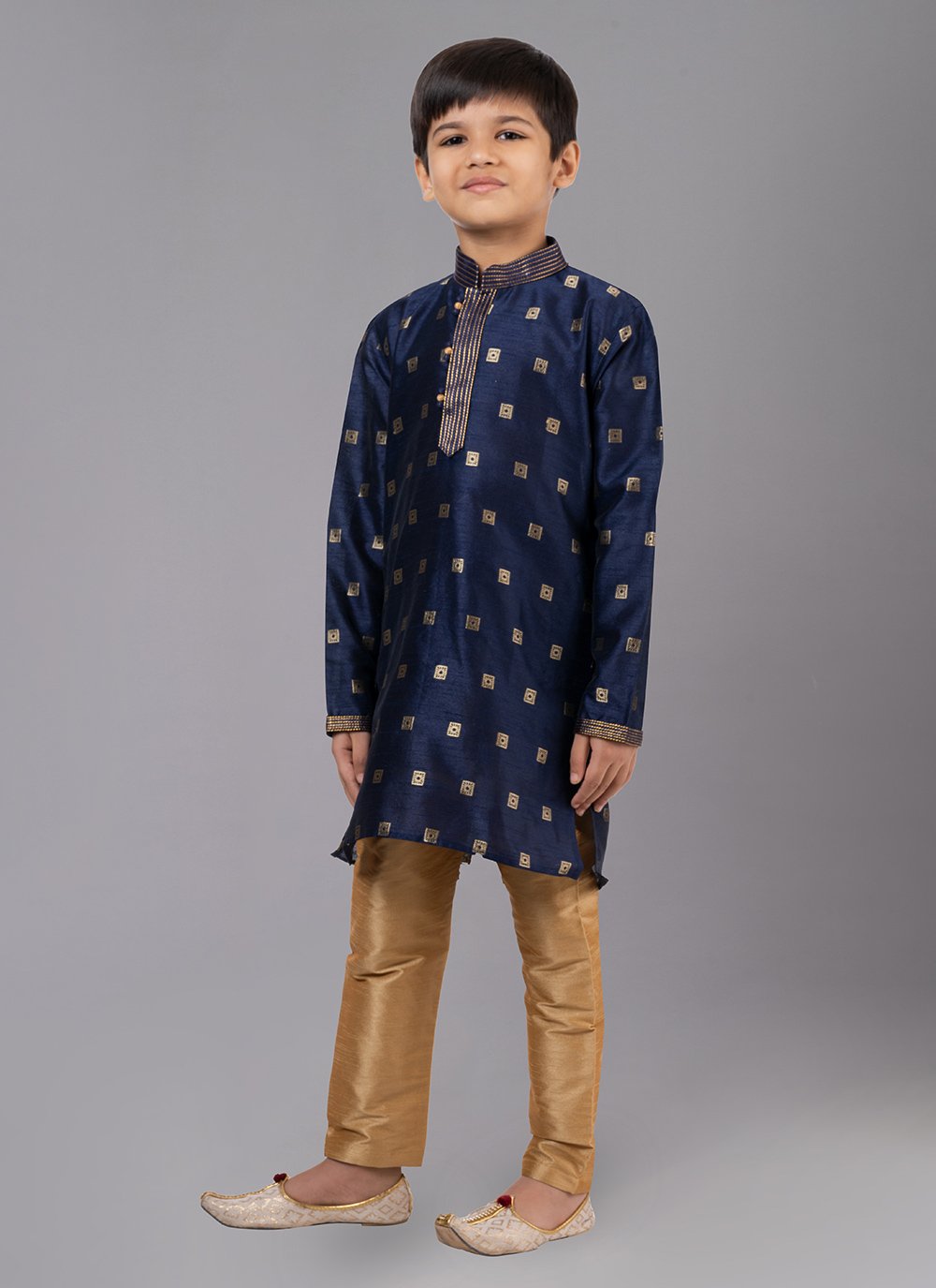 Kurta Pyjama Dupion Silk Jacquard Blue Fancy Work Kids