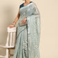 Classic Poly Cotton Blue Embroidered Saree