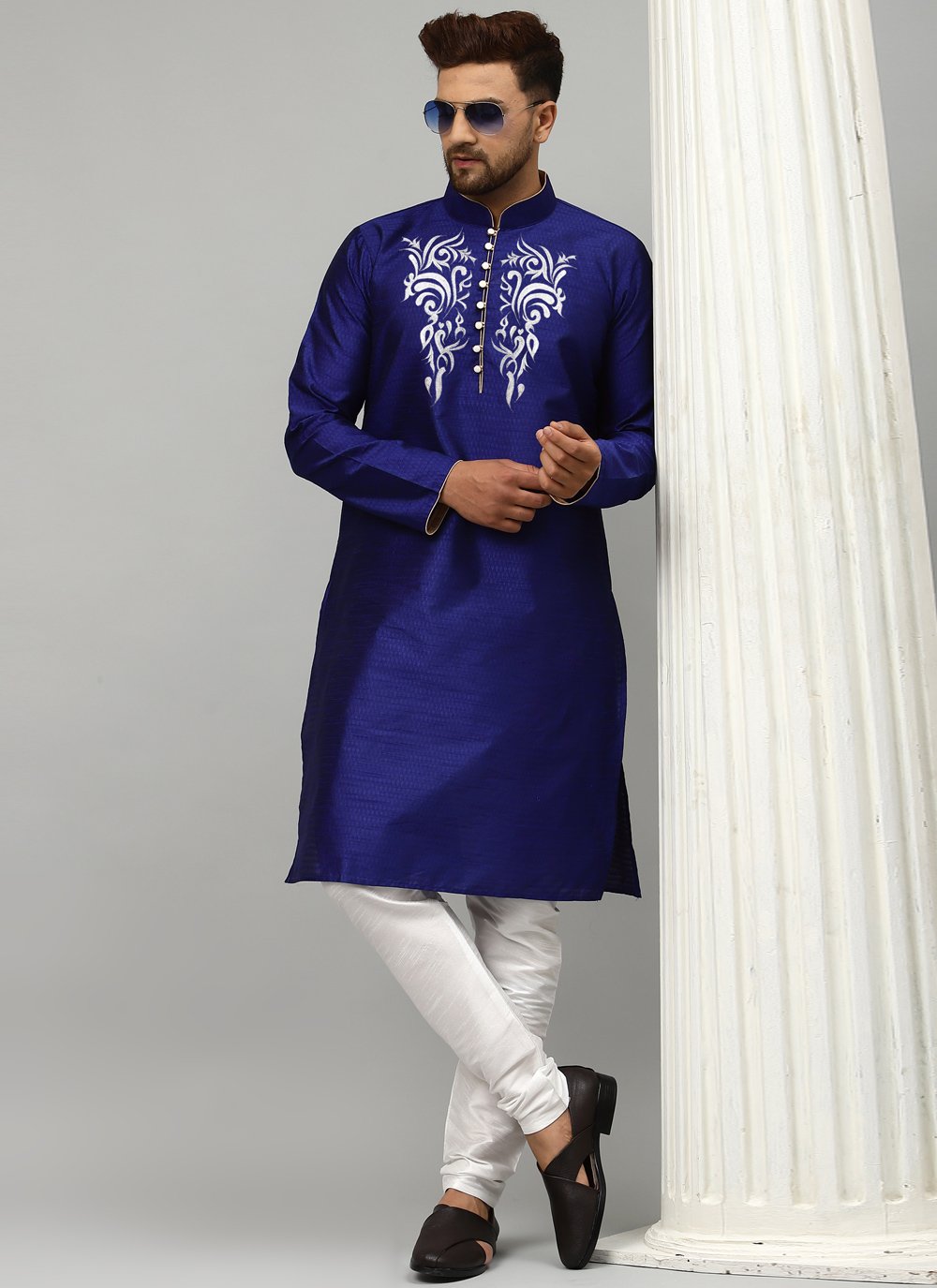 Kurta Pyjama Art Dupion Silk Blue Embroidered Mens