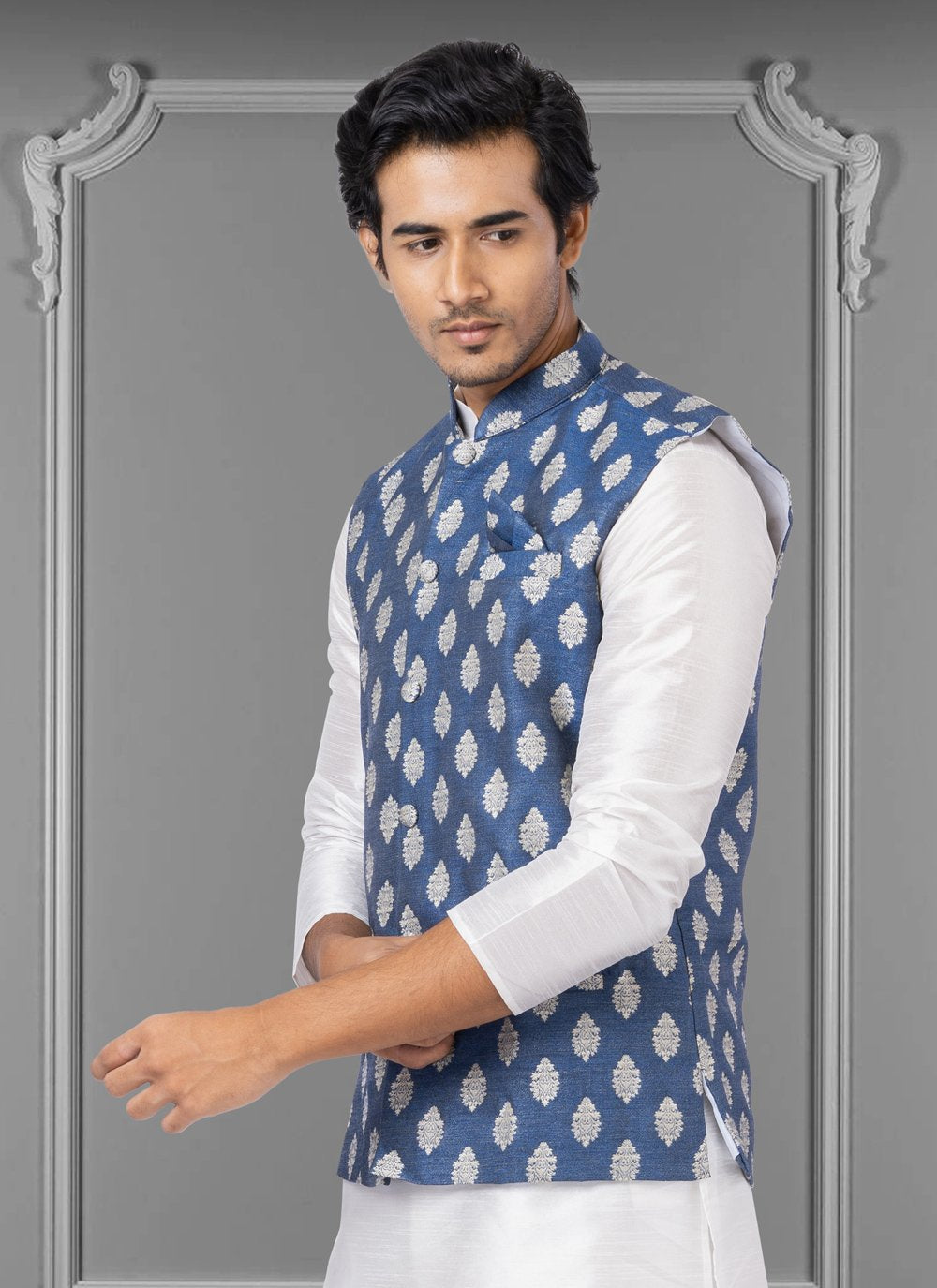 Nehru Jackets Jacquard Silk Blue Embroidered Mens