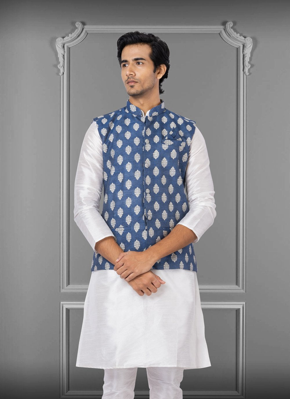 Nehru Jackets Jacquard Silk Blue Embroidered Mens