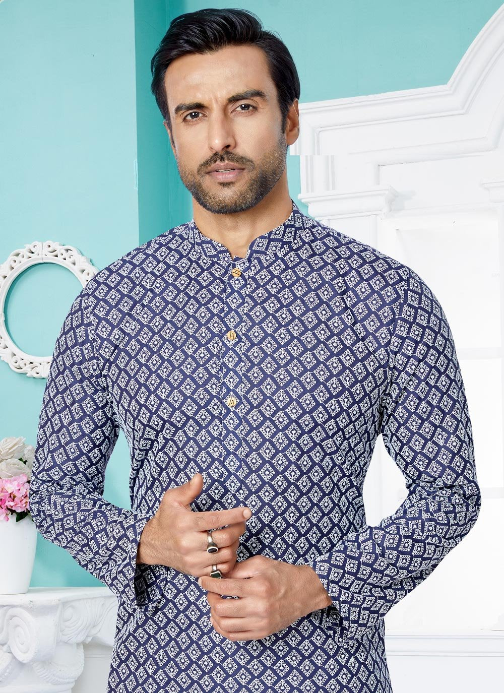 Kurta Pyjama Cotton Silk Blue Embroidered Mens