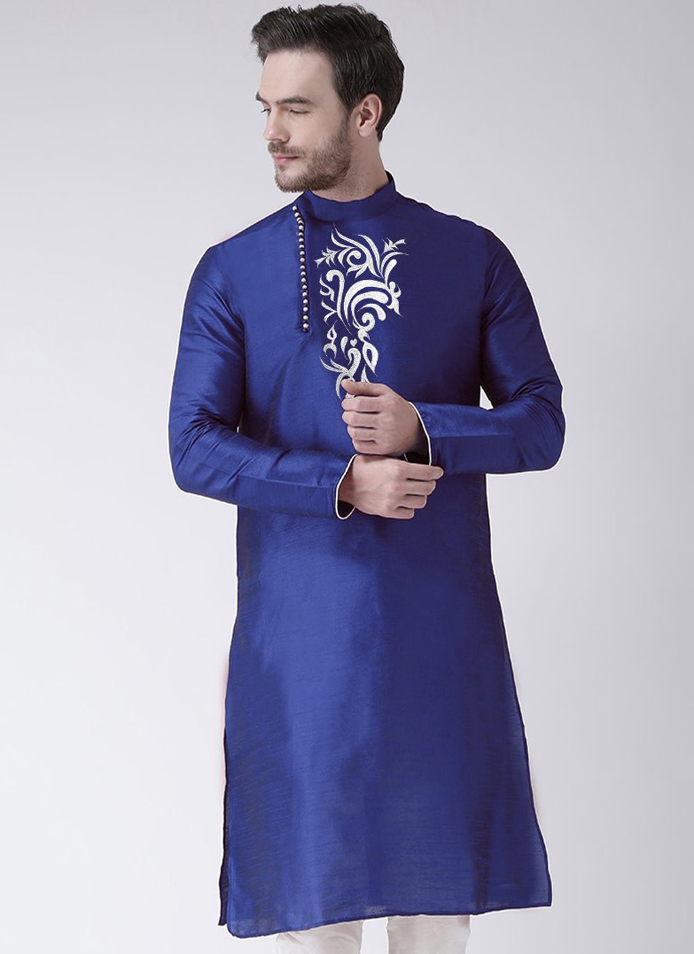 Kurta Art Dupion Silk Blue Embroidered Mens