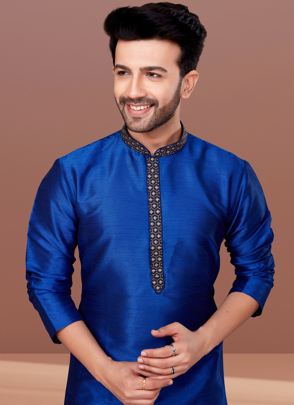 Kurta Pyjama Dupion Silk Blue Embroidered Mens