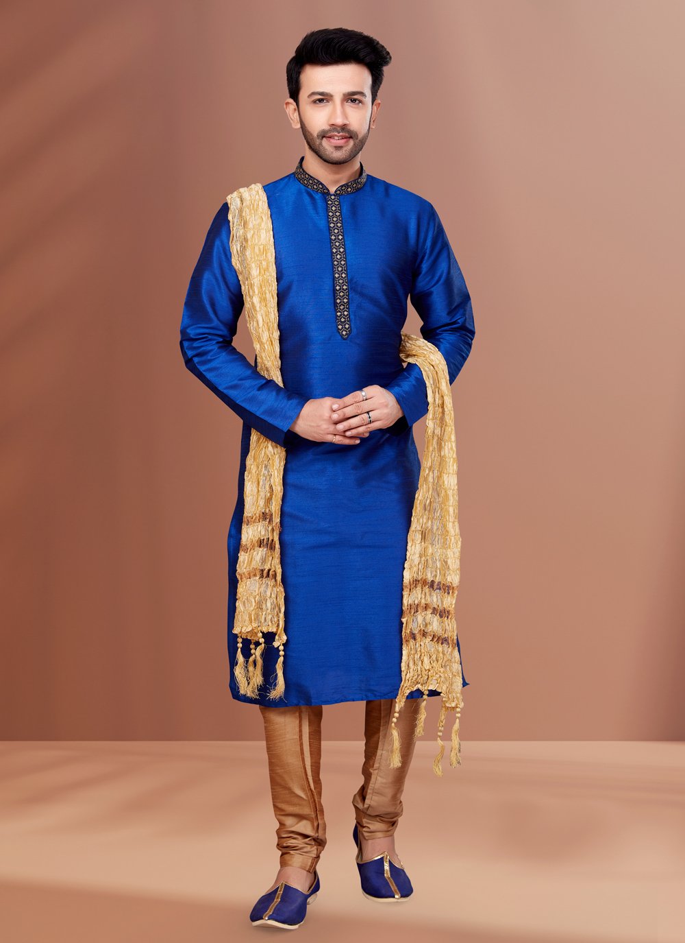 Kurta Pyjama Dupion Silk Blue Embroidered Mens