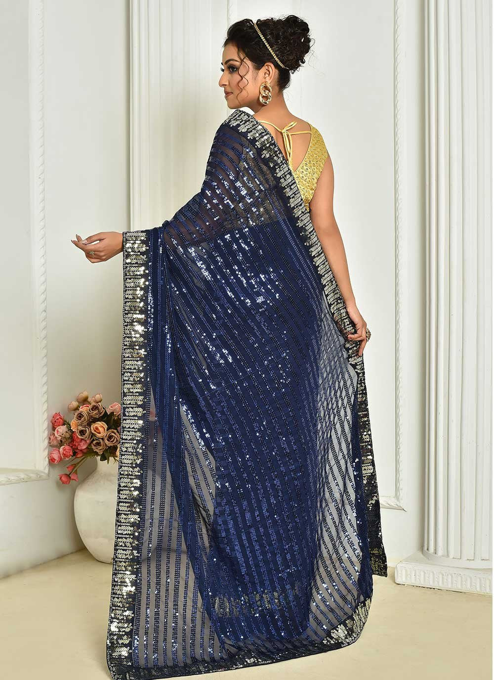 Designer Georgette Blue Embroidered Saree