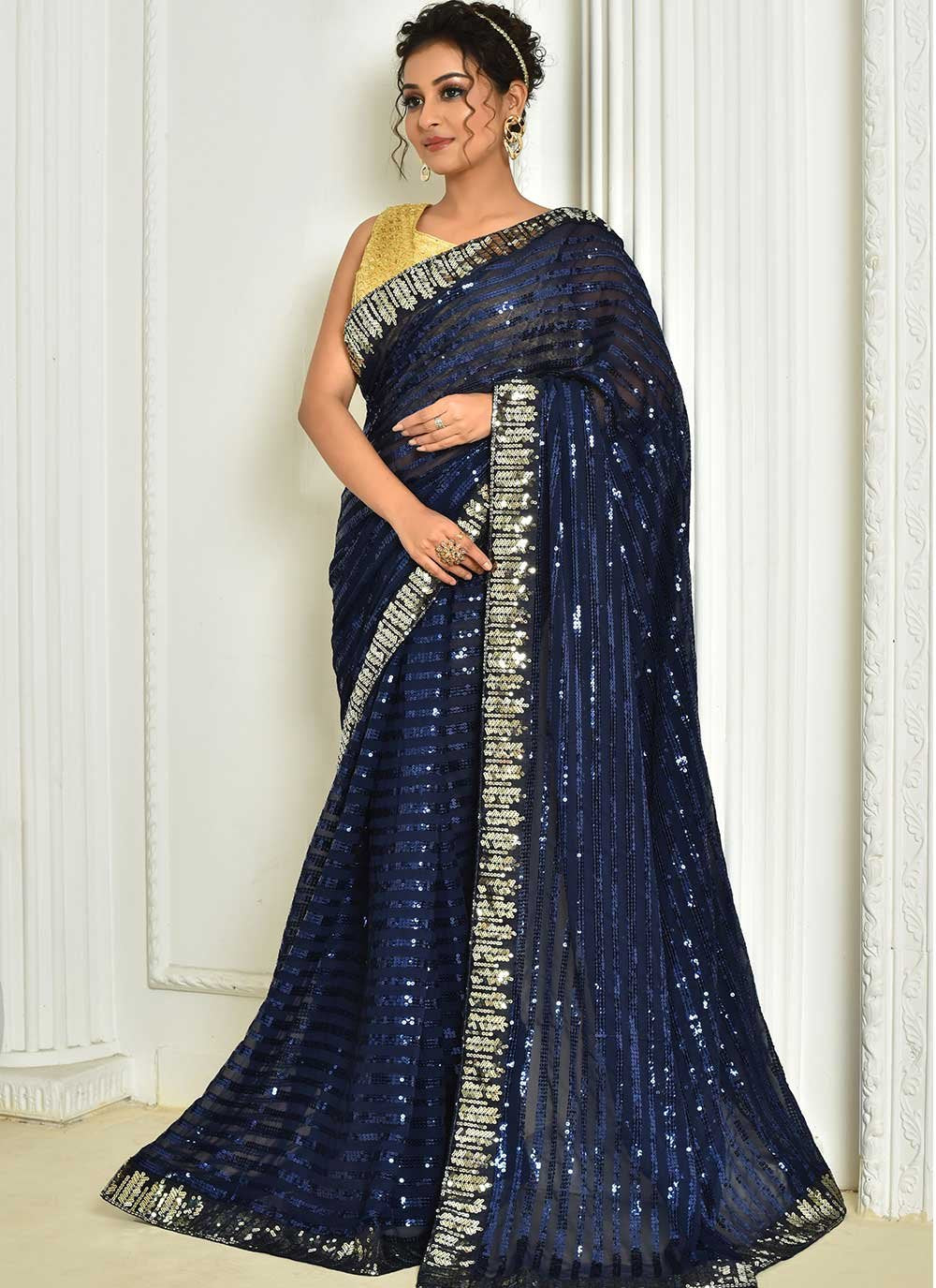 Designer Georgette Blue Embroidered Saree