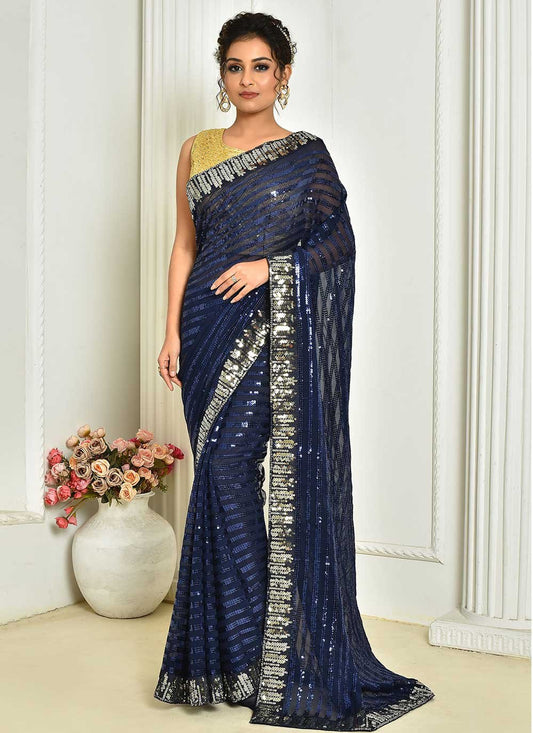 Designer Georgette Blue Embroidered Saree