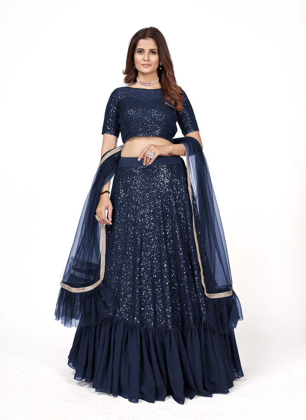 A Line Lehenga Georgette Blue Embroidered Lehenga Choli