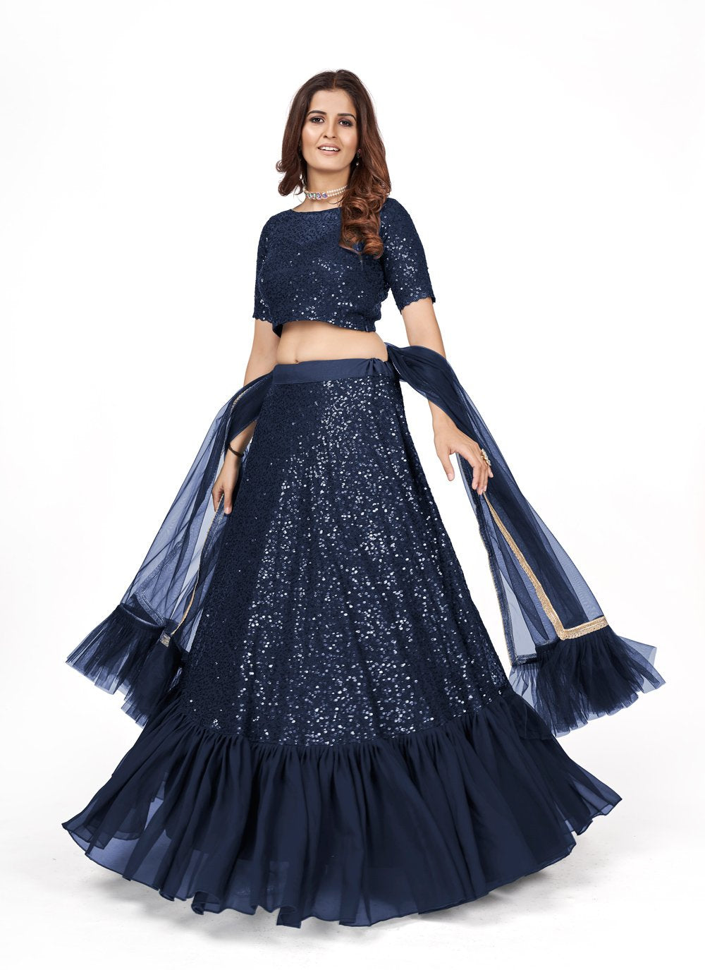 A Line Lehenga Georgette Blue Embroidered Lehenga Choli