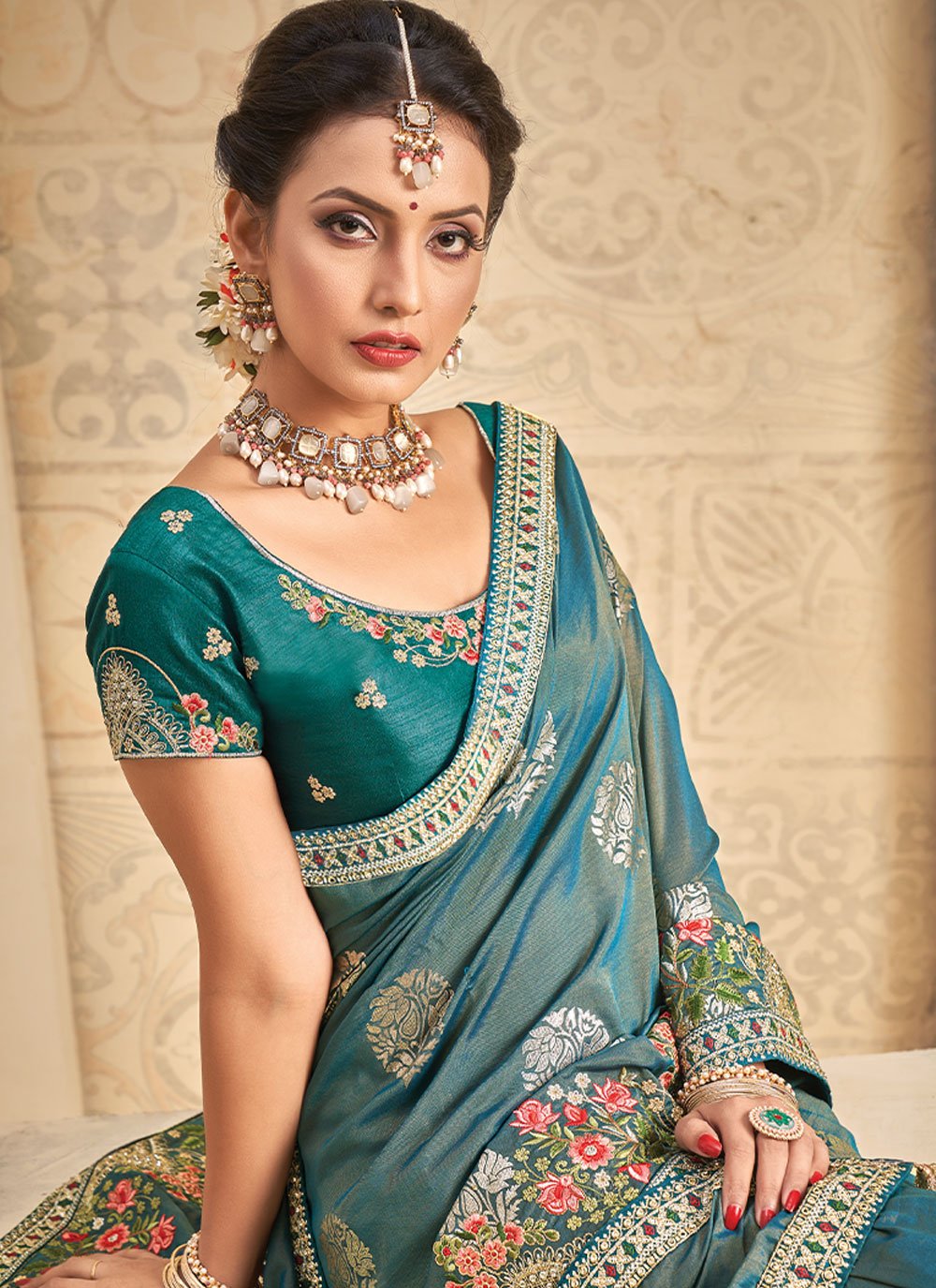 Designer Khadi Silk Blue Embroidered Saree