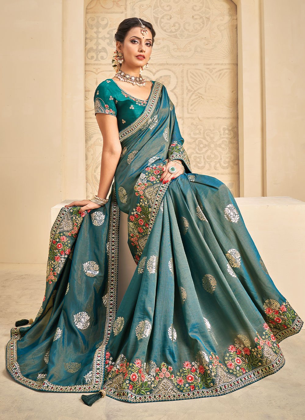 Designer Khadi Silk Blue Embroidered Saree