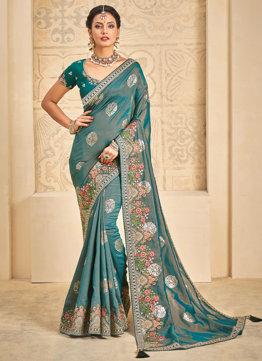 Designer Khadi Silk Blue Embroidered Saree