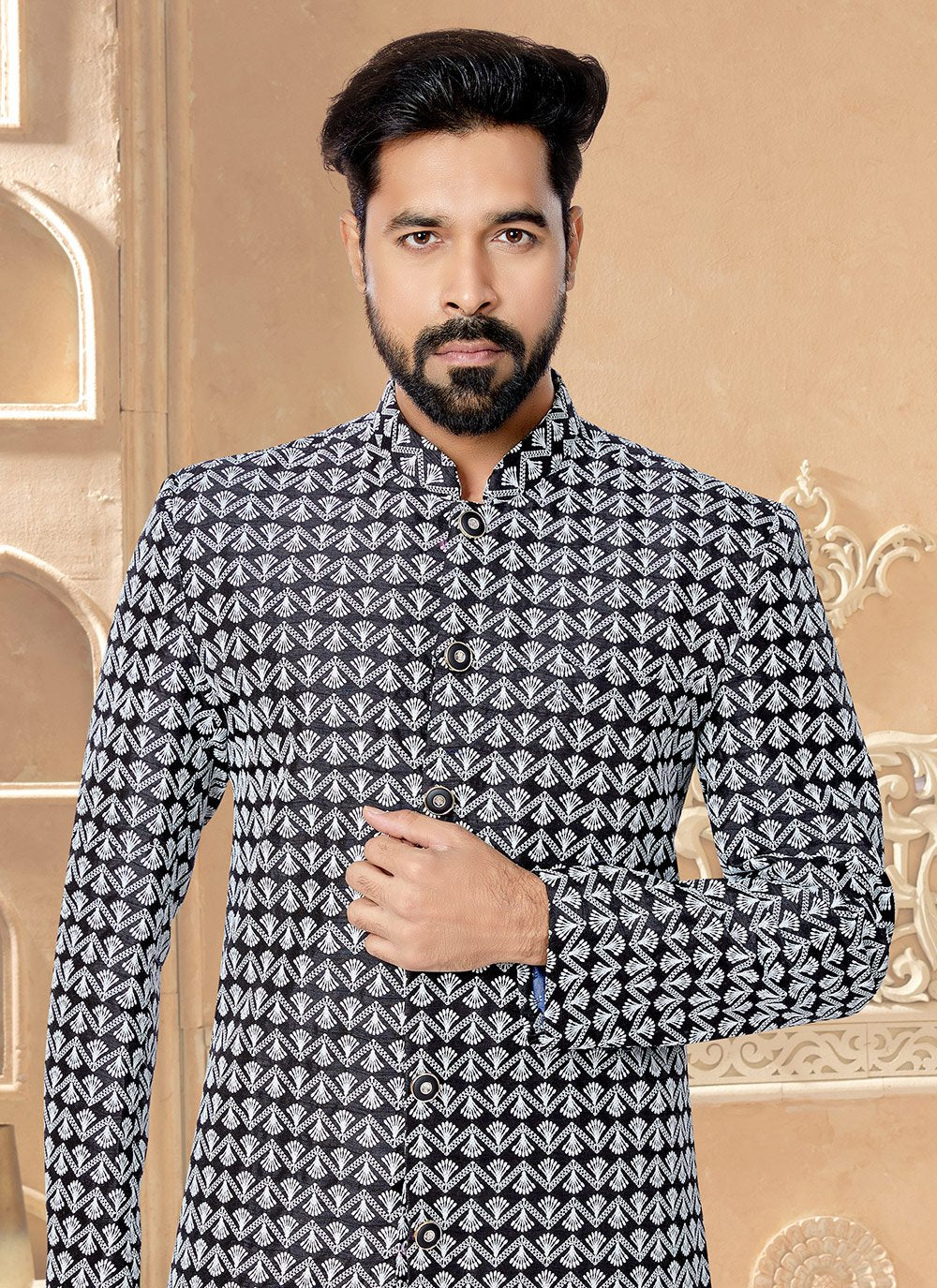 Kurta Pyjama Silk Blue Embroidered Mens