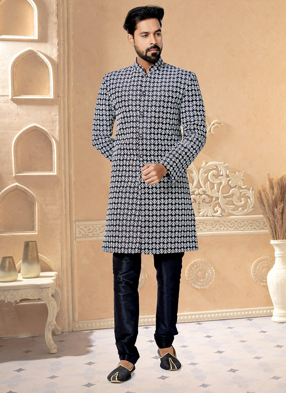 Kurta Pyjama Silk Blue Embroidered Mens