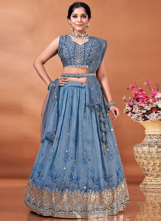 Lehenga Choli Georgette Viscose Blue Embroidered Lehenga Choli