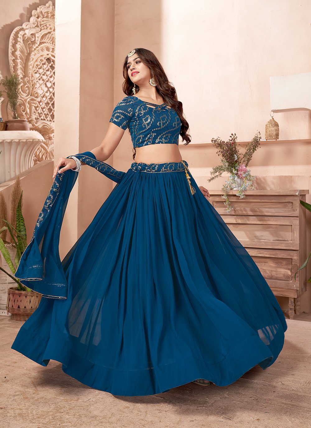 A Line Lehenga Faux Georgette Blue Embroidered Lehenga Choli