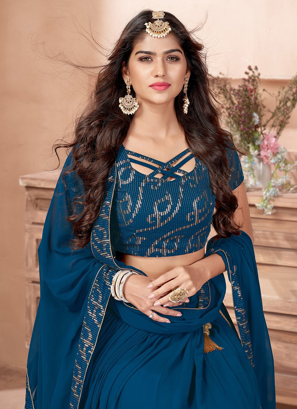 A Line Lehenga Faux Georgette Blue Embroidered Lehenga Choli