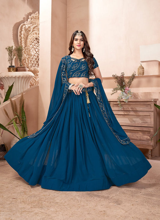 A Line Lehenga Faux Georgette Blue Embroidered Lehenga Choli