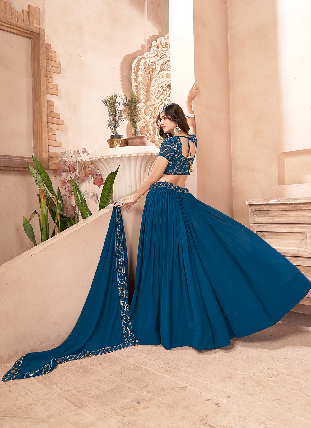 A Line Lehenga Faux Georgette Blue Embroidered Lehenga Choli