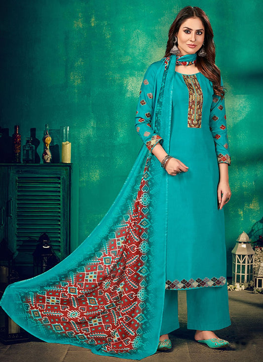 Salwar Suit Muslin Blue Embroidered Salwar Kameez