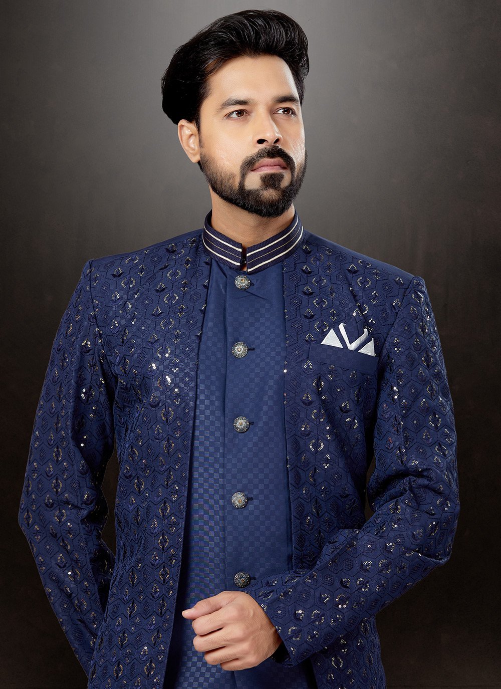 Indo Western Sherwani Jacquard Silk Blue Embroidered Mens